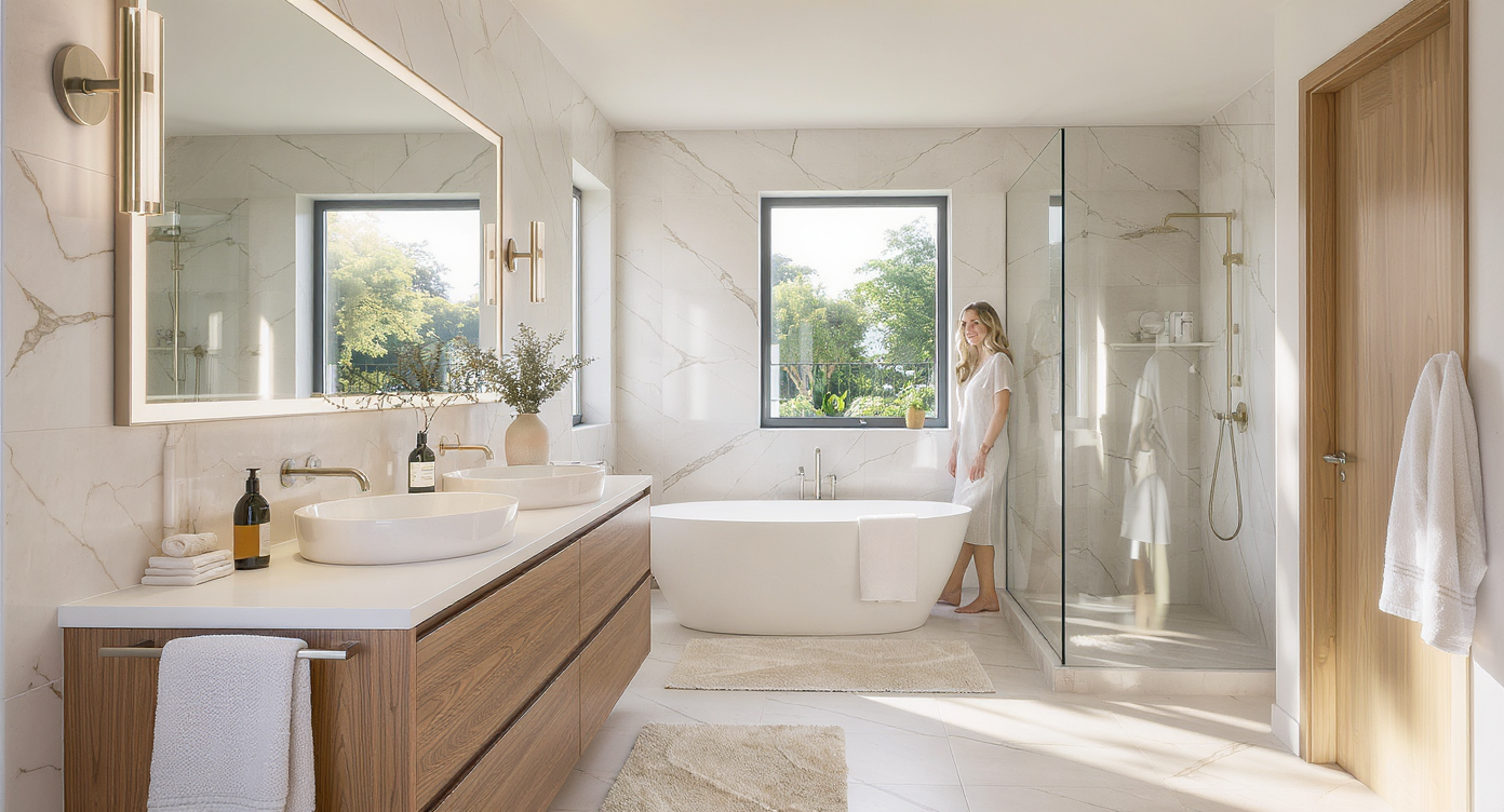 Bright, open master bathroom with matte marble floors, floating wood vanity, freestanding tub, glass shower, and a seamless dressing area.