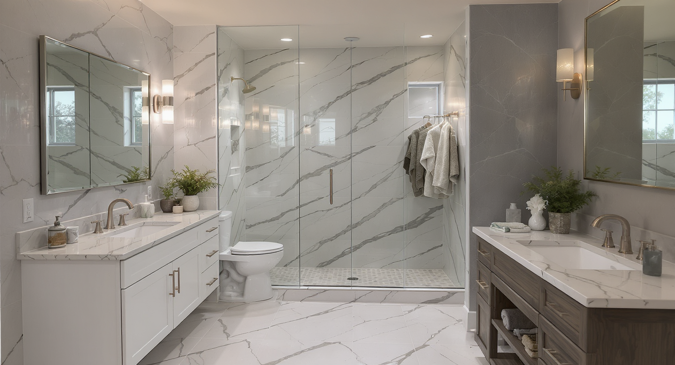 Spacious master bathroom with double vanities, glass-enclosed wet room, makeup vanity, and bench, featuring oak, quartz, and natural light.