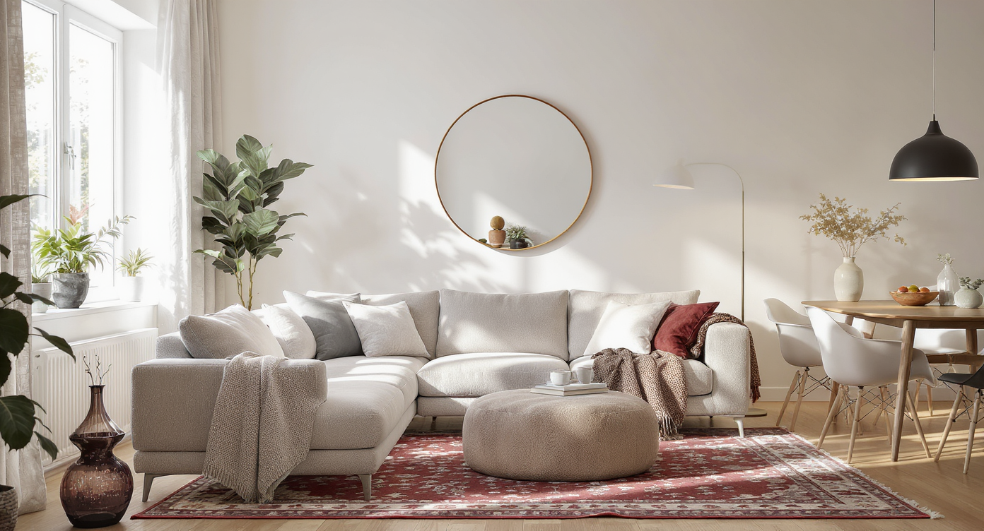 A compact living room with a floating sectional, round ottoman, ambient floor lamp, vibrant dining rug, and plant reflecting natural light.