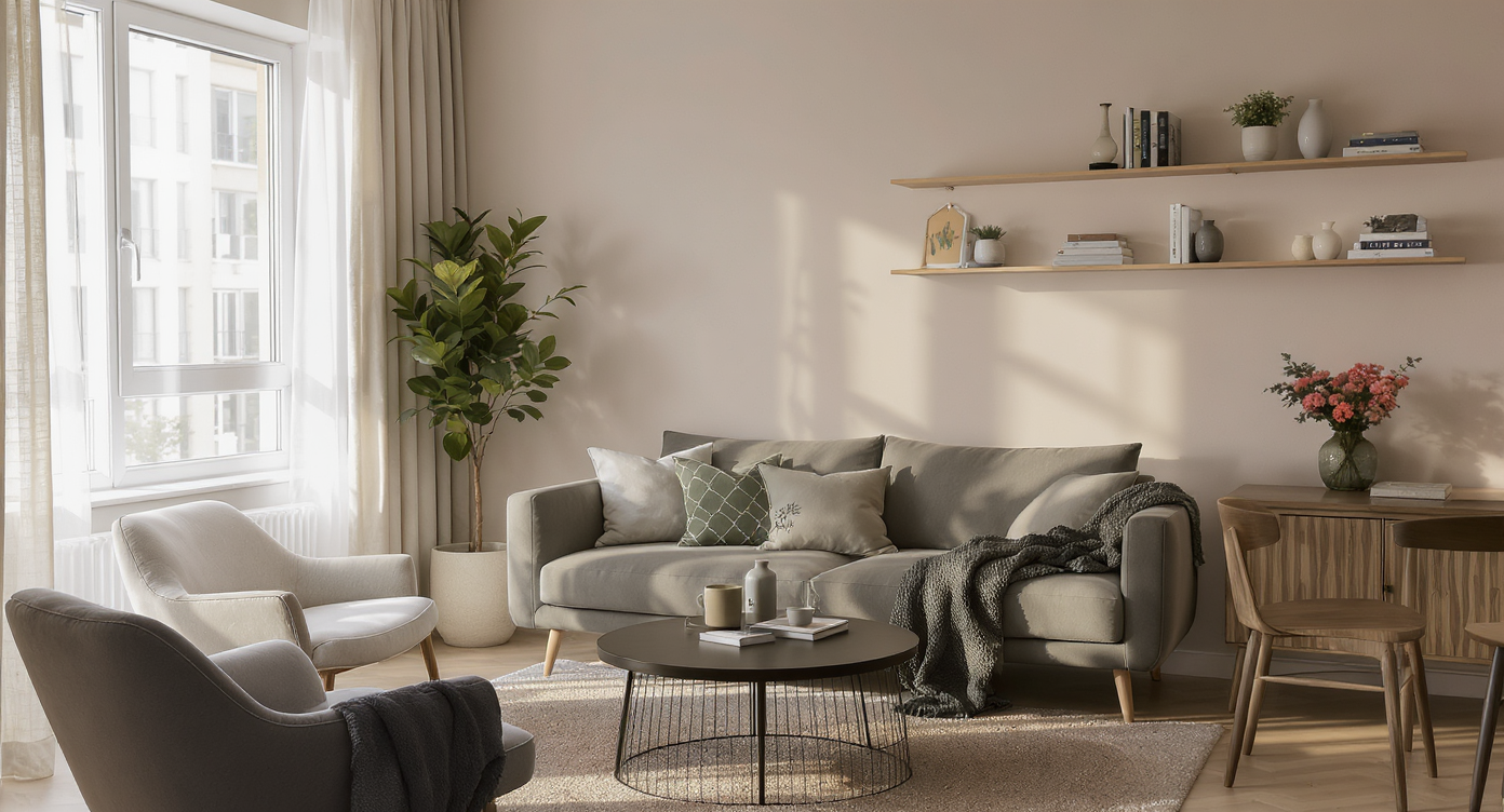 Modern compact living room with smart layout, natural light, cozy zones, integrated AC and radiator, and a young adult arranging décor.