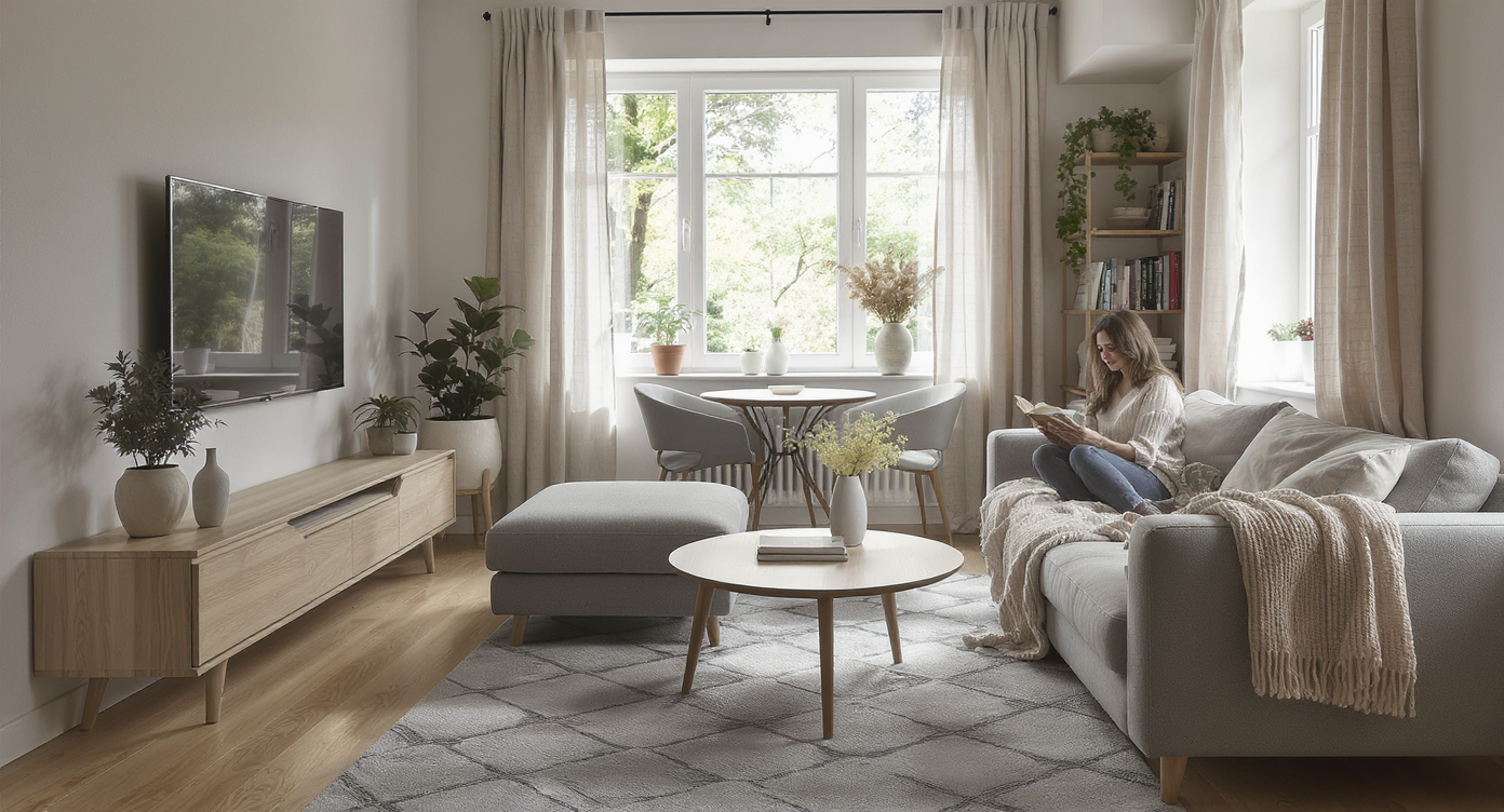 A compact, well-lit living room with zones for seating and dining. Neutral colors, wood textures, shelving, and a person reading create warmth.