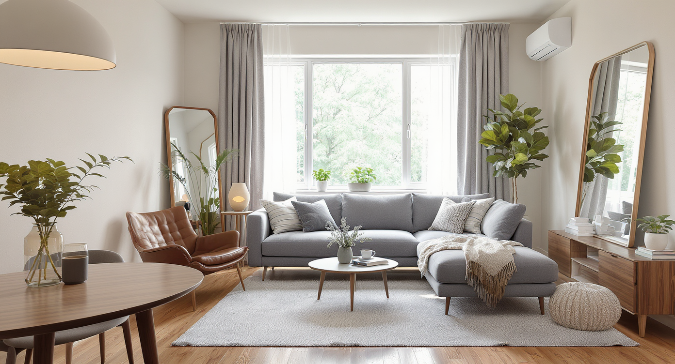 A bright, compact living room with a floating sectional, two armchairs near a window, plants, and a rotated rug, creating open, inviting zones.