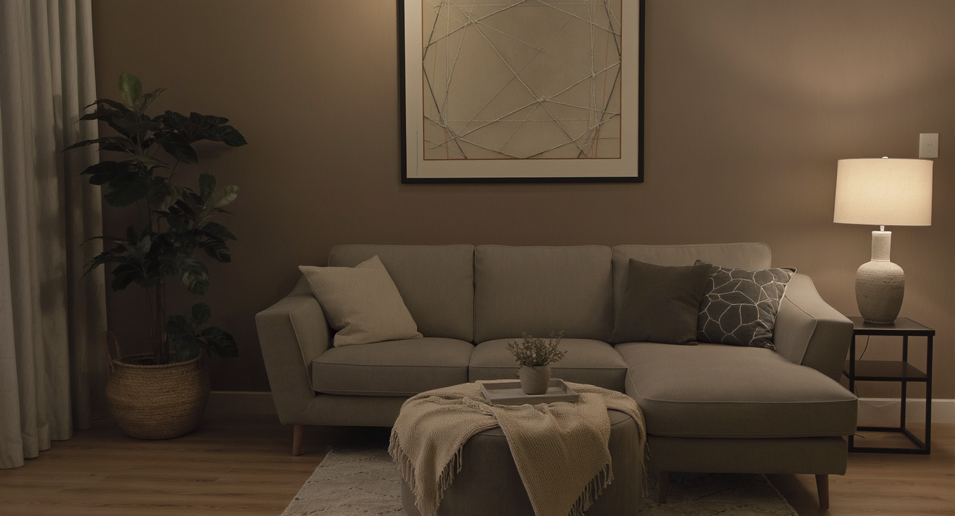 A small urban living room features a sectional with its chaise at one end, a central ottoman, a tall plant in the corner, a large mirror amplifying light, and neutral, layered textures for comfort.