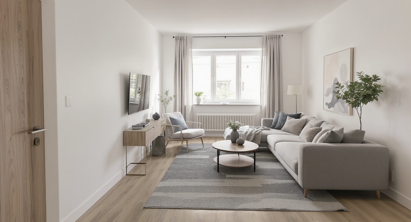 Airy compact living room with rearranged sofa and armchair around a TV console, unobstructed walkways, light wood floors, neutral palette, and natural light.