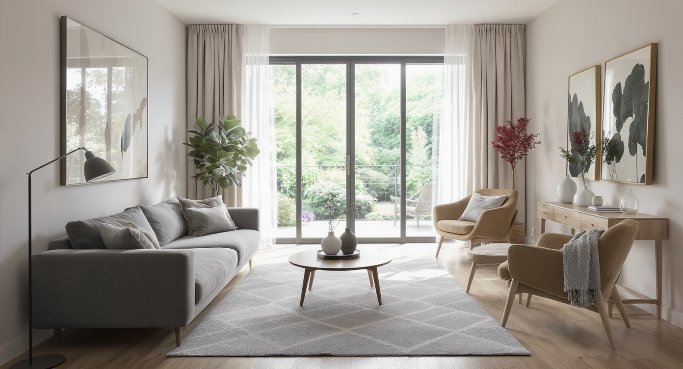Open-plan living area with a sectional sofa and rug defining the lounge, a separate dining zone with distinct rug, and a bright mirror expanding space.