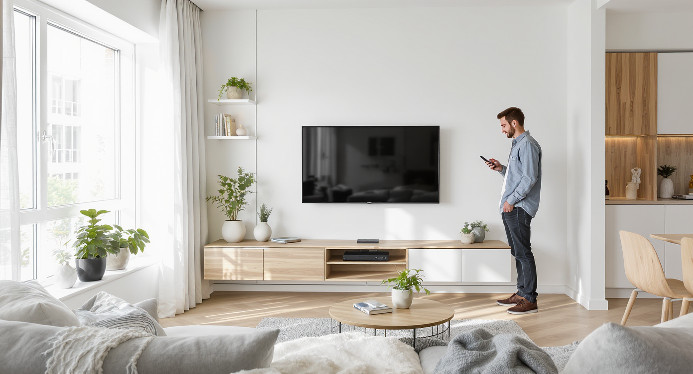 A bright, compact apartment living room with concealed cables, sleek white and wood furniture, floating shelves, and a young professional demonstrating cable management solutions in a well-lit, modern setting.