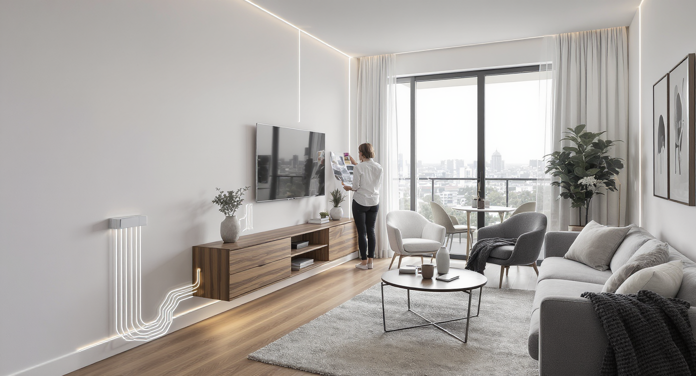 A compact modern living room with built-in shelving and concealed wire channels, a designer showing plans, and natural daylight flowing in.