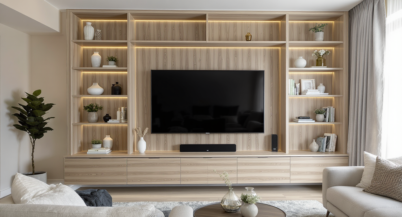 Modern apartment living room with custom wood shelving, floating shelves, hidden TV cables, and neutral decor, all brightly daylit.