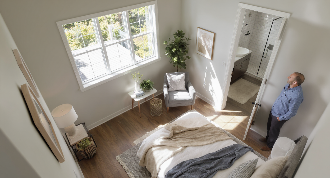 A modern, sunlit home shows a former bonus room now a cozy bedroom with oak floors and light-gray walls beside an expanded bathroom with glass shower.
