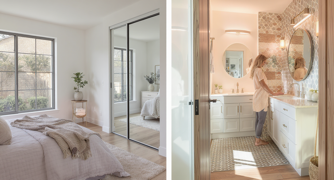 A bright, modern bedroom flows into a spacious bathroom with statement tile, mirrored doors, ample storage, and integrated lighting; a homeowner adds scale.