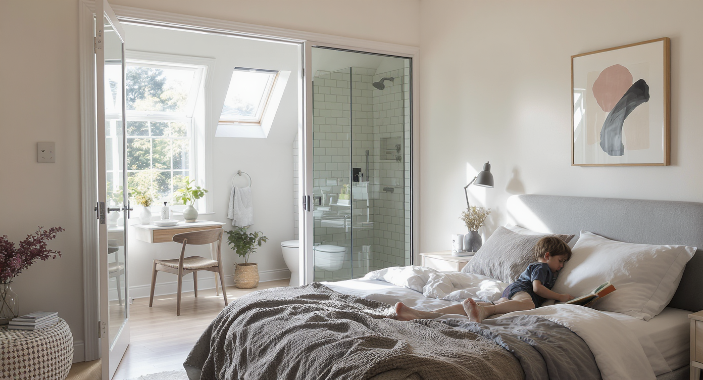 A newly converted bedroom featuring oak floors sits beside an expanded, light-filled bathroom with a glass shower and white subway tiles.