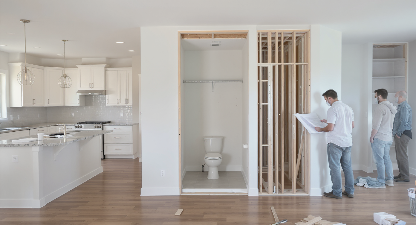 A realistic home interior shows a partially remodeled bonus room next to a kitchen, walls marked for a new closet and expanded bathroom, full of daylight and neutral tones. A designer and homeowners discuss plans, highlighting practical layout changes.