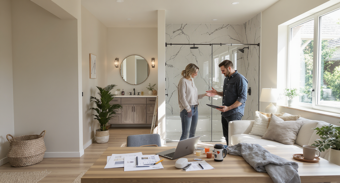 A designer and homeowner review digital plans in a bright home where a bonus room is framed for a bedroom and a bathroom is being expanded.