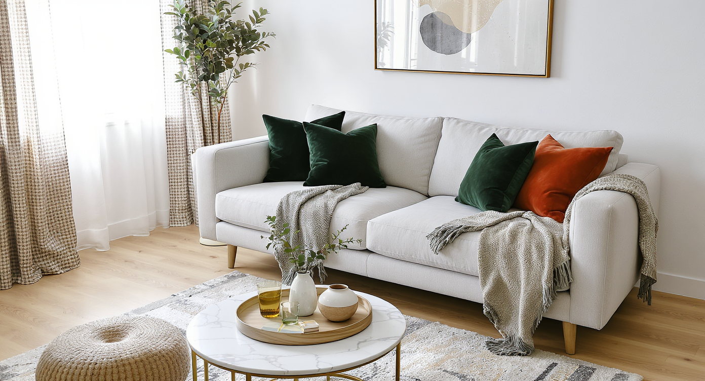 Bright, minimalist living room with a light gray sofa, velvet pillows, marble tray, wood and ceramic decor, patterned curtains, and natural light.