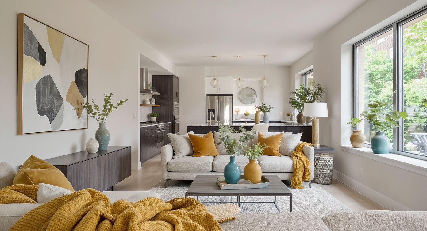 Modern minimalist living room with dark wood kitchen, granite counters, neutral gray walls, teal and ochre accents, textured fabrics, and ceramic plant vessels.