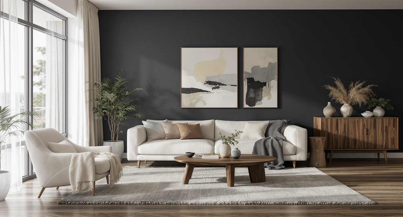 Bright, open living room with dark wood floors, minimalist furniture in neutral tones, leafy plants, art, and a person arranging books on a shelf.