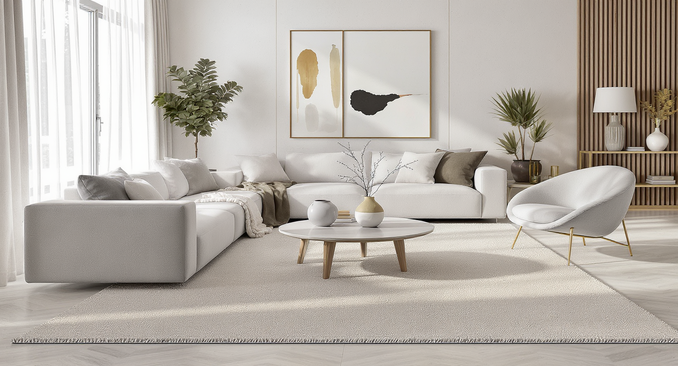 Large minimalist living room with modular sofa, accent chairs, oversized rug, sculptural coffee table, and layered lighting in natural tones.