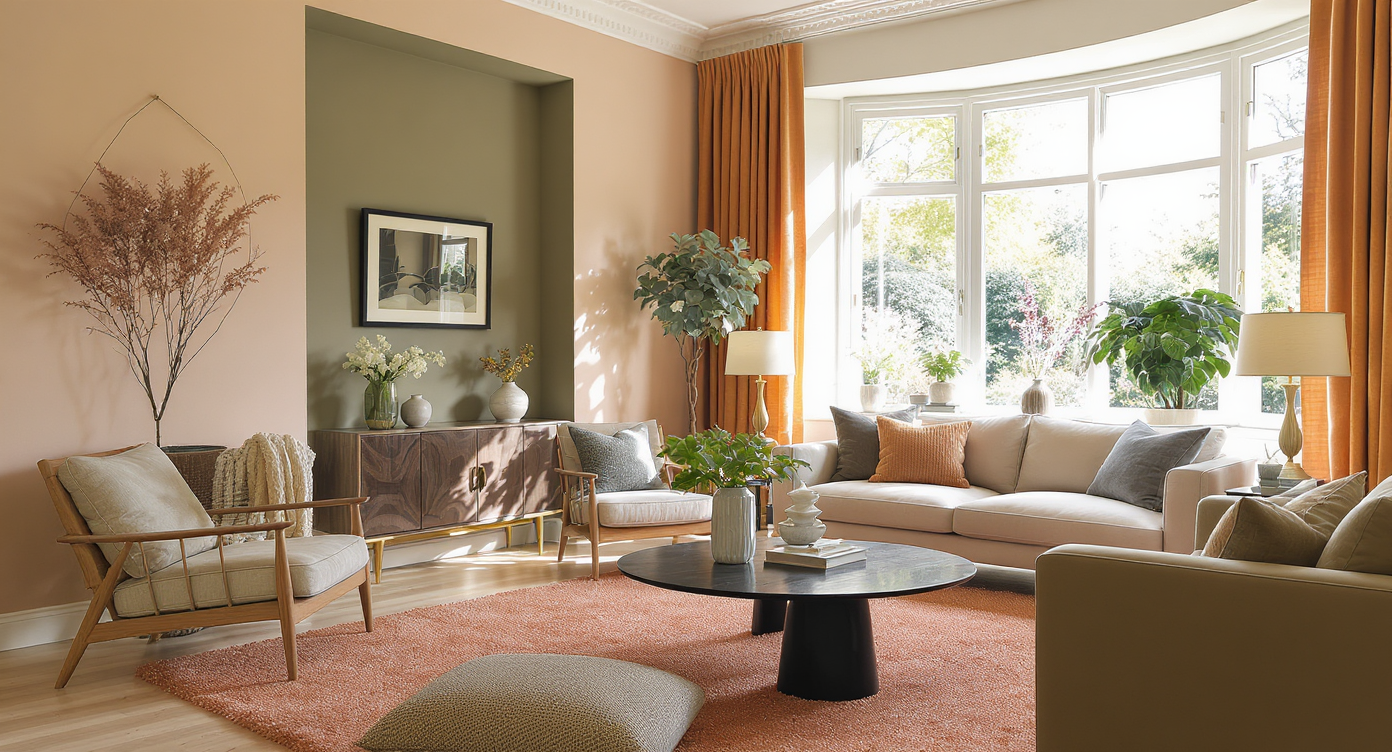A well-lit living room with beige and pink-toned walls, an olive alcove by a bay window, black stone and lacquered wood furniture, and natural accents.