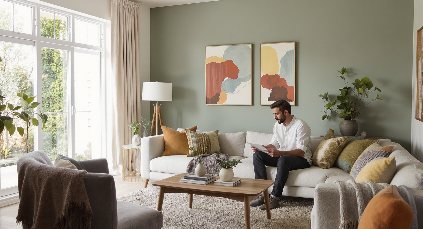 Bright living room with neutral walls, textured rug, colorful art, velvet pillows, and natural light. Young couple reviews fabric swatches.
