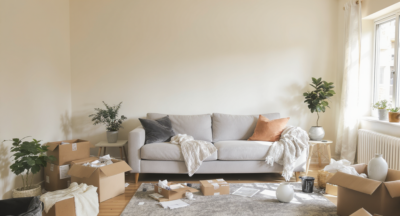 A bright living room with bare off-white textured walls, oak floors, a neutral sofa, moving boxes, quirky built-ins, and a brick fireplace.