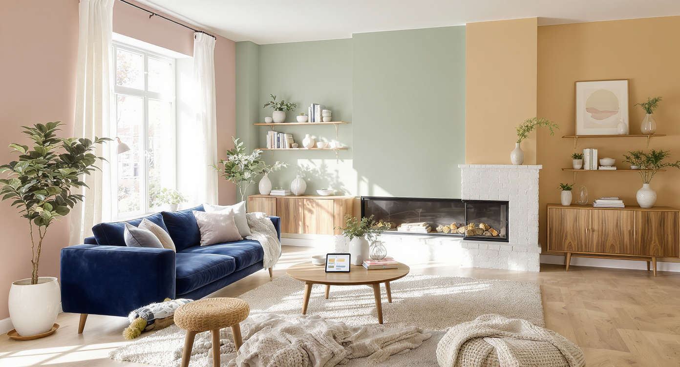 Wide modern living room with walls digitally previewed in blush, green, and neutral paint, showcasing real furniture, built-ins, and natural light.