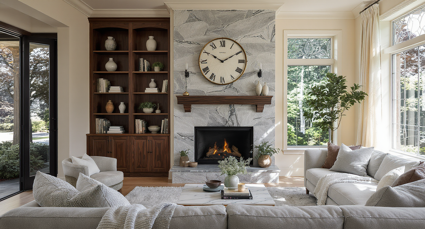 A north-west facing living room with creamy off-white walls, a dark wood built-in, gray stone fireplace, and leaded glass windows under cool natural light.