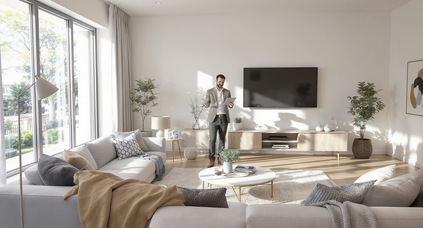 A modern living room with oak floors, neutral furniture, and a realtor showing a digital 3D tour to clients on a tablet in natural daylight.