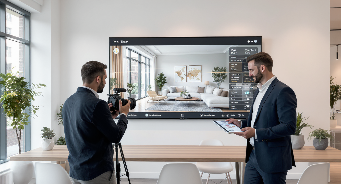 A bright, modern real estate office with a large screen displaying a virtual 3D tour, two professionals reviewing features and pricing.
