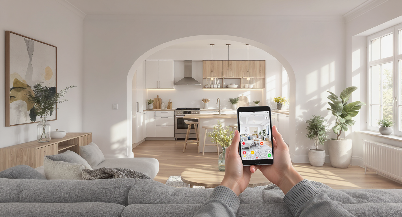 Real estate agent holds a tablet displaying a realistic 3D virtual tour of a bright, modern living room with oak floors and Scandinavian decor.