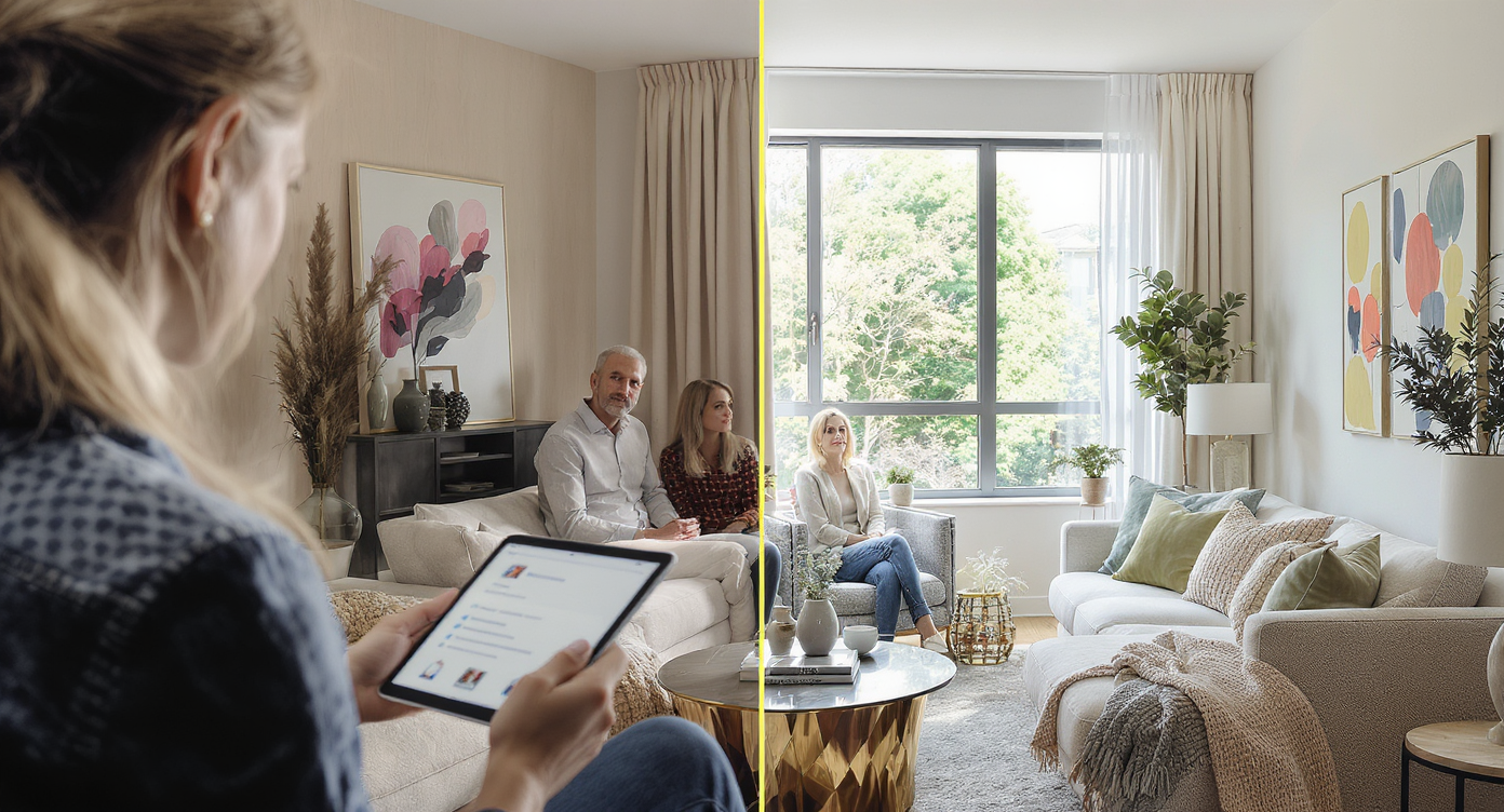 Photo-realistic split-screen living room, half original, half virtually staged, with a realtor showing details to prospective buyers.