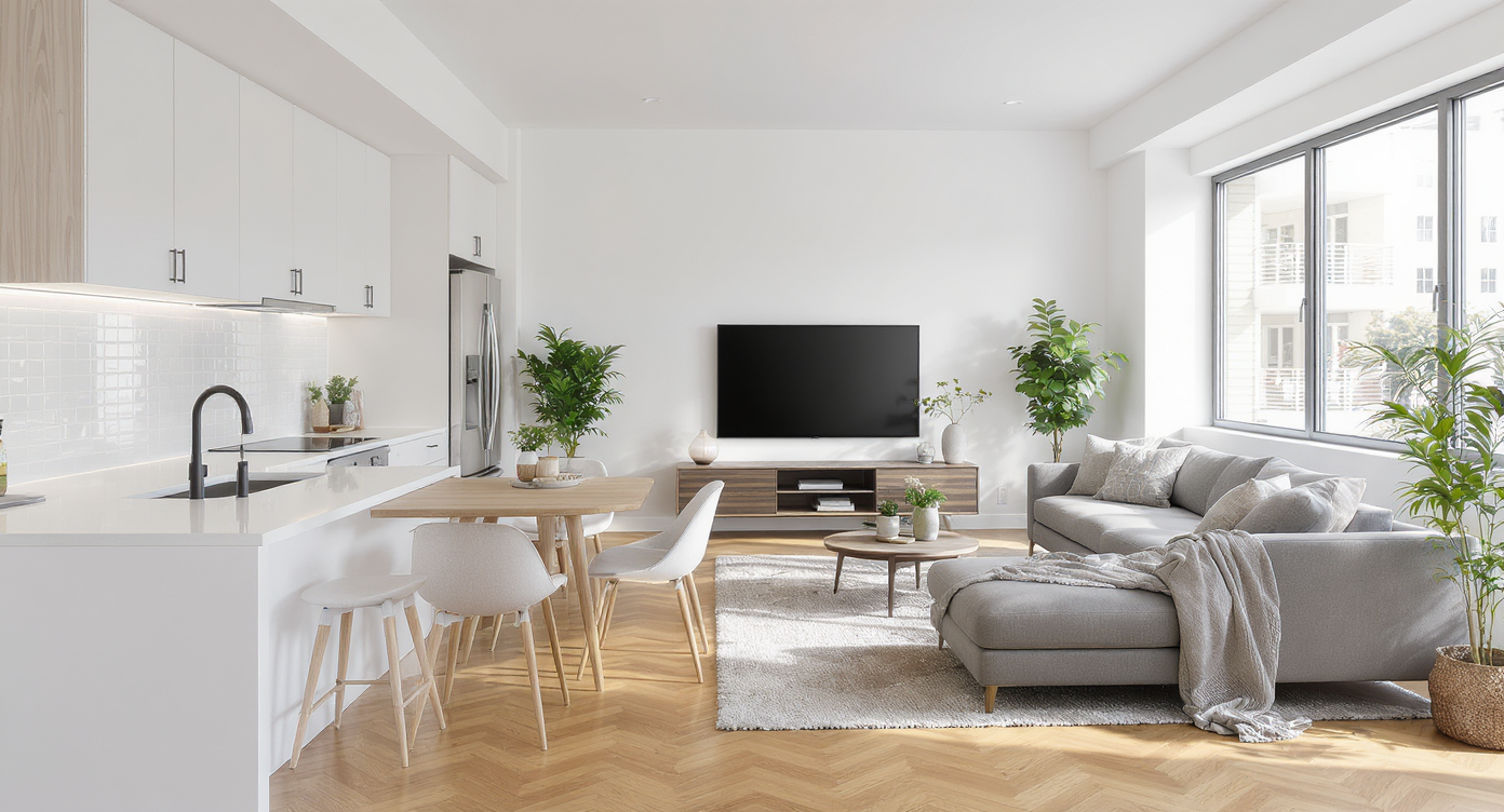 Bright open-plan condo with a compact L-shaped gray sectional, slim console, streamlined kitchen, and inviting dining area bathed in natural light.
