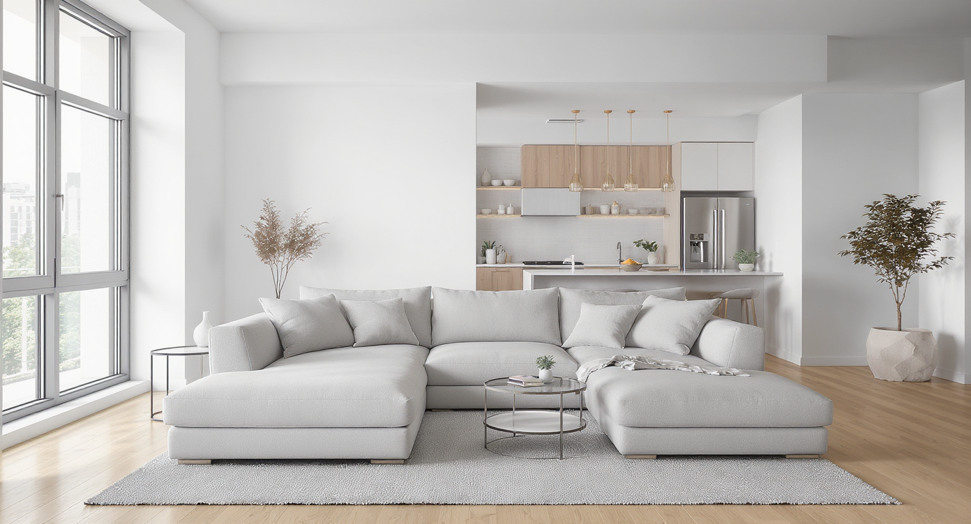 Open-plan living area with a modular L-shaped sectional, ottoman, textured rug, and defined zones between living and kitchen spaces.