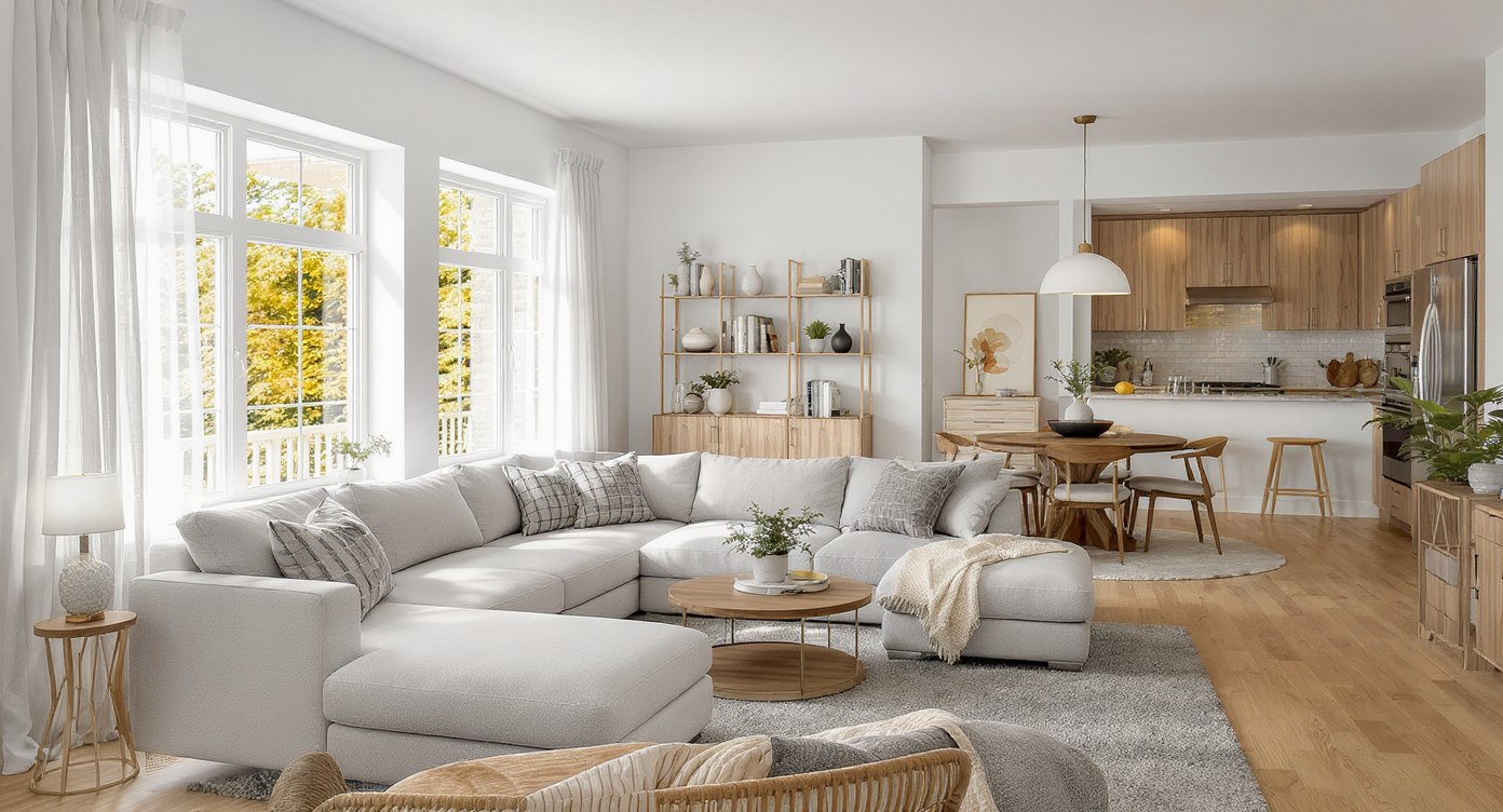 A spacious gray sectional takes up most of a small, open living and dining area, leaving narrow walkways and limited circulation space.