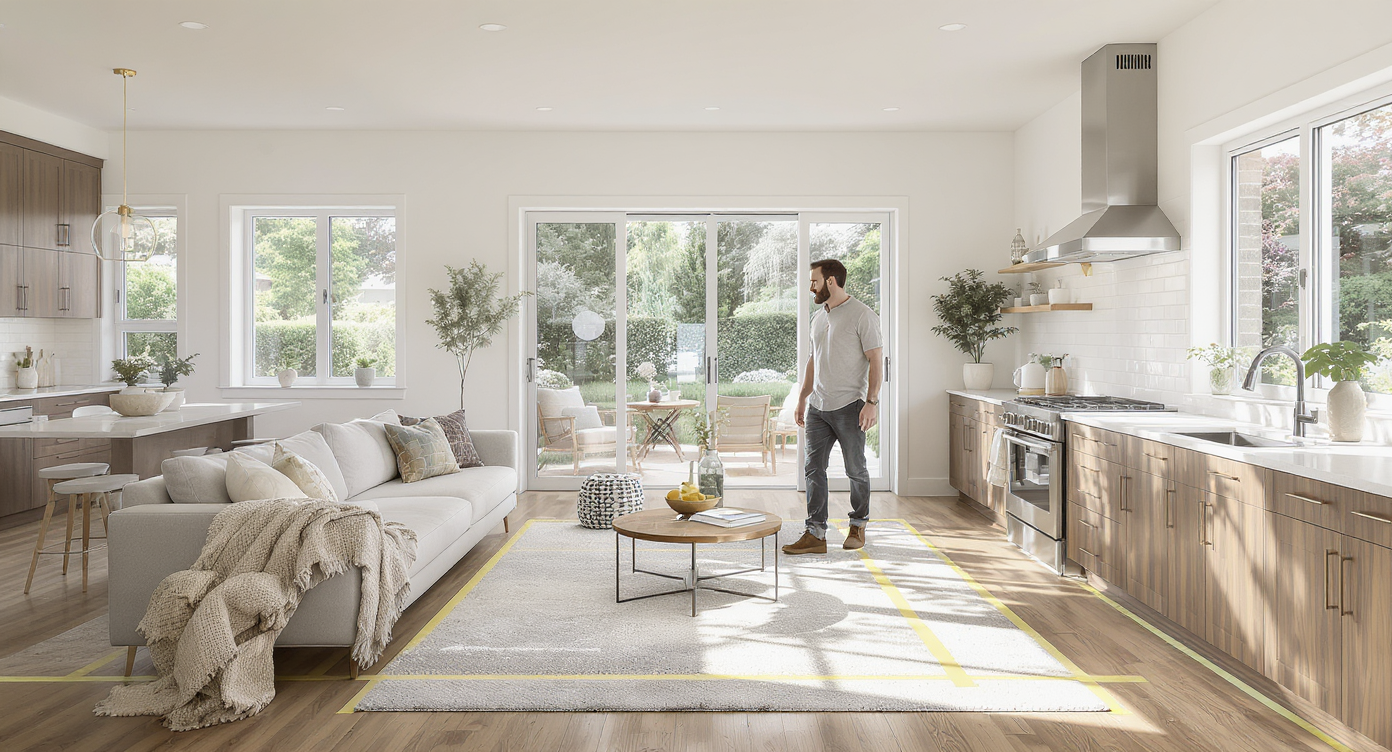 Bright open-plan living and kitchen with hardwood floors, white walls, and painter’s tape marking a sectional’s footprint as a homeowner studies the flow.