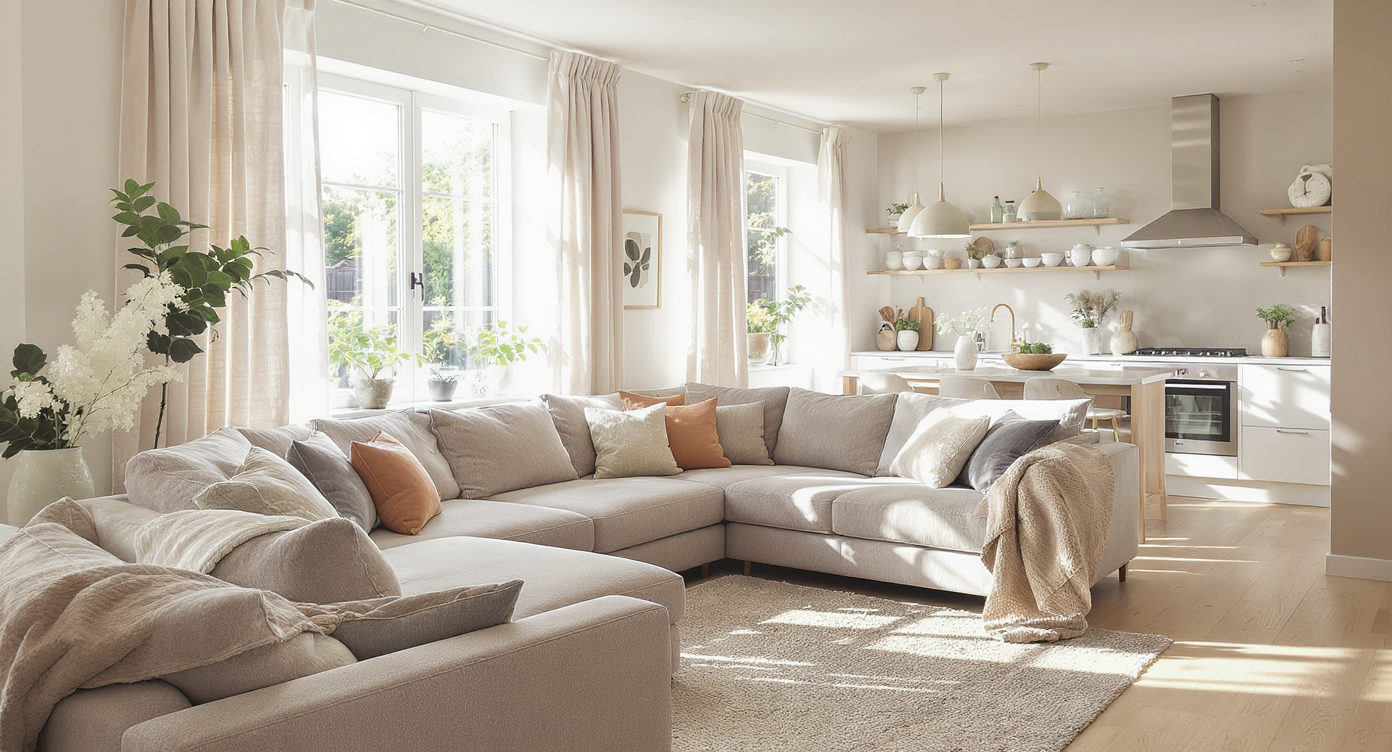 Bright open-plan living space with a large neutral sectional, light oak floors, white kitchen cabinetry, and a young couple sitting together.