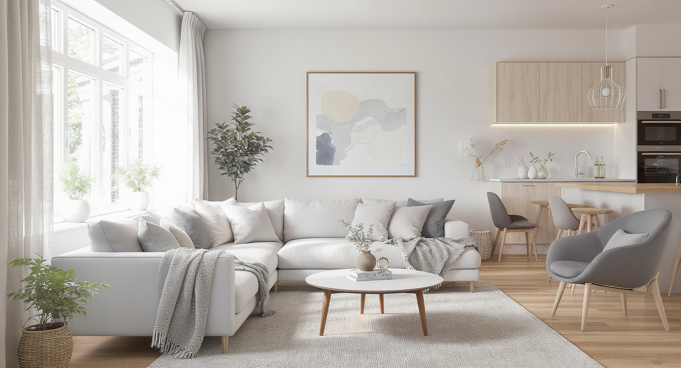 A compact open-plan living room and kitchen with a large neutral sectional sofa arranged for optimal flow, featuring ample light, cozy textures, and clear sight lines between functional zones.