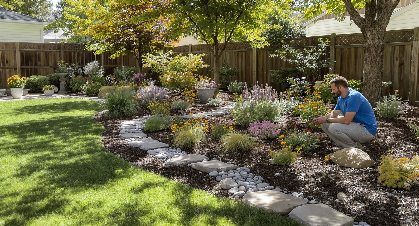 A backyard scene with a gently sloped swale and a vibrant rain garden filled with native plants, filtering runoff from a nearby patio.