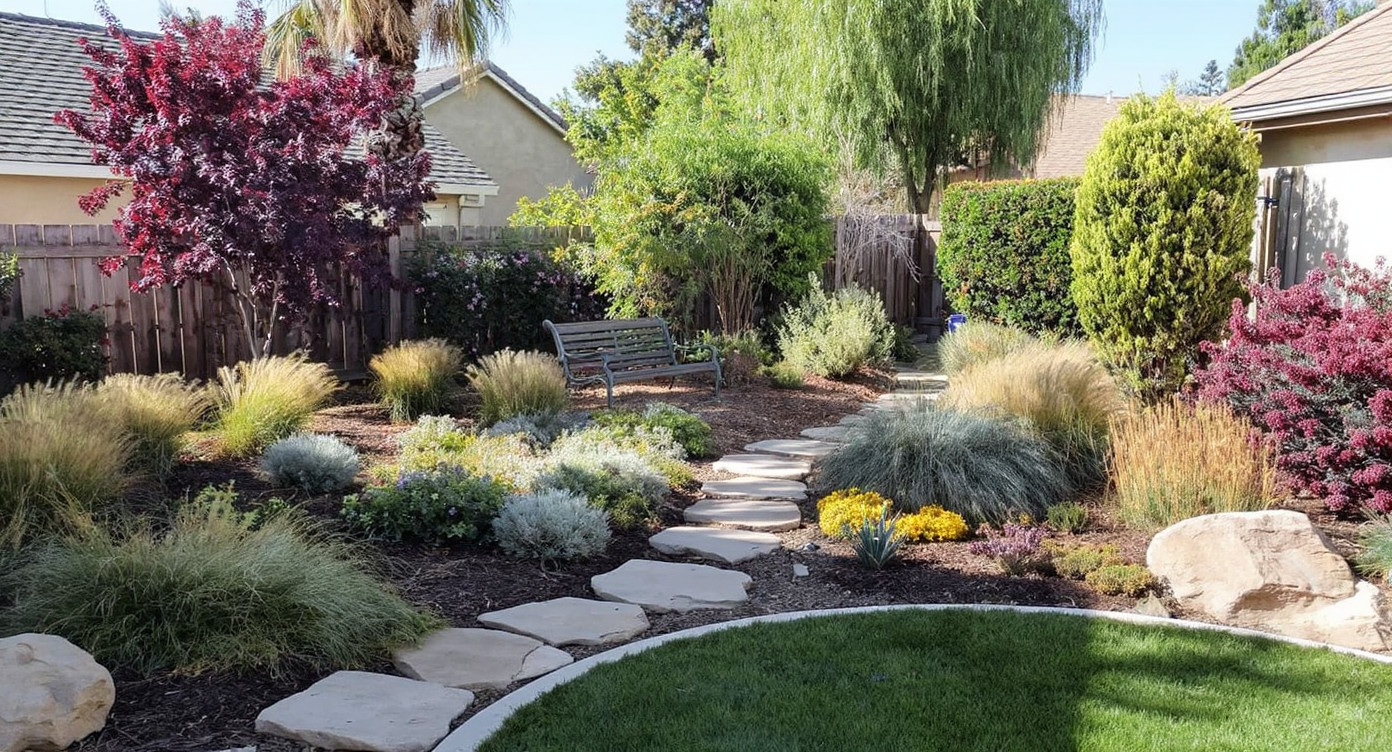 A casual homeowner kneels in a sunlit, low-maintenance yard, planting a shrub among native grasses, mulch, and a curving stone path.