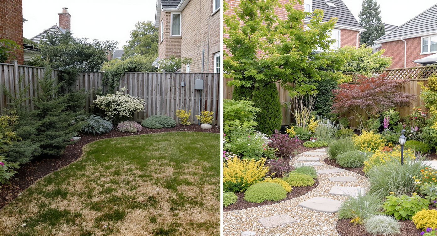 A suburban homeowner uses a tablet in their backyard, viewing a split image of their current uneven lawn and a realistic AI-generated landscape design.