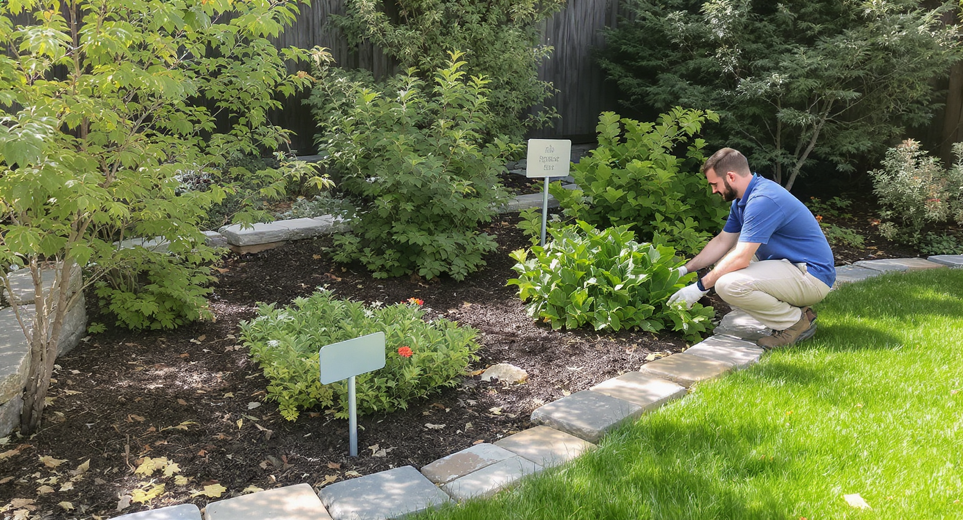 A well-maintained backyard with stone-edged garden beds, sign markers, and a homeowner inspecting damage after a summer storm.