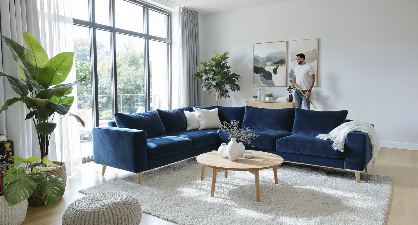 A well-lit living room features a large navy sectional sofa, minimalist décor, and a homeowner measuring for fit, showcasing sofa scale and layout.
