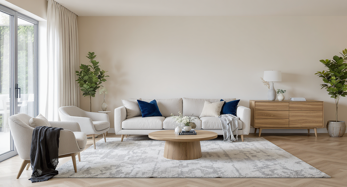 A spacious, sunlit living room with a large neutral sofa, patterned rug, and two light chairs creating open flow toward a visible kitchen.