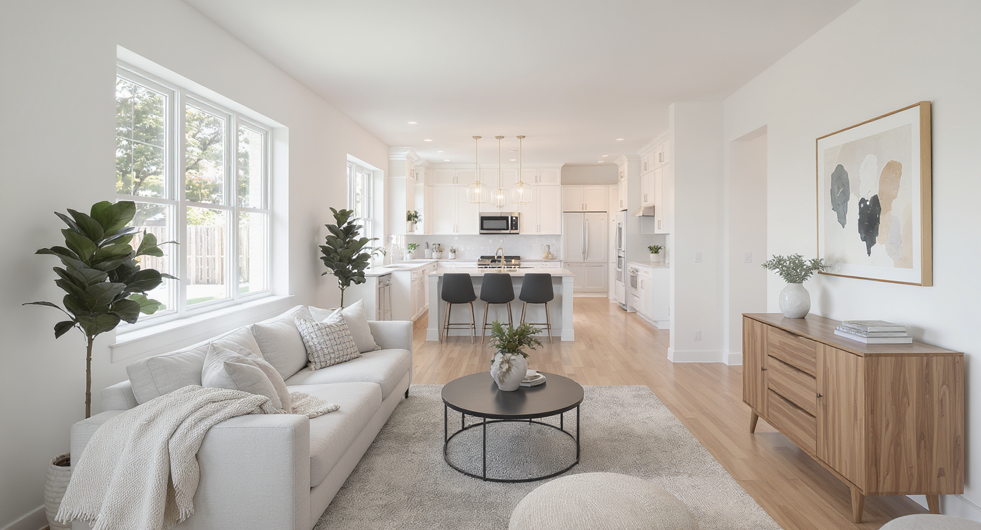A bright, realistic living room with a light wood floor features a neutral sofa pulled from the wall, a coffee table spaced 16 inches away, and a dresser against one wall with clear paths around all furniture.