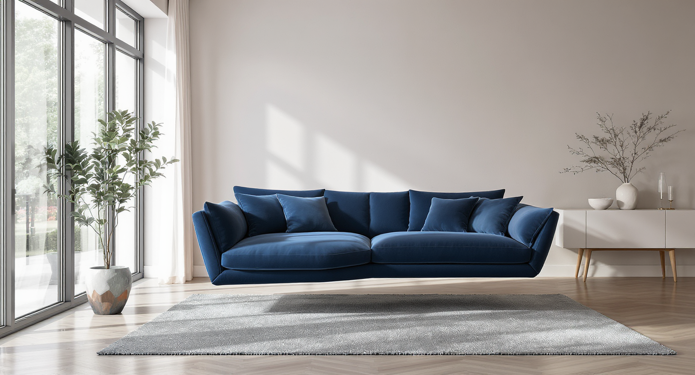 A spacious modern living room with a large dark blue sofa floating off a light wall, cream accent chairs, a rounded table, and a big neutral rug.