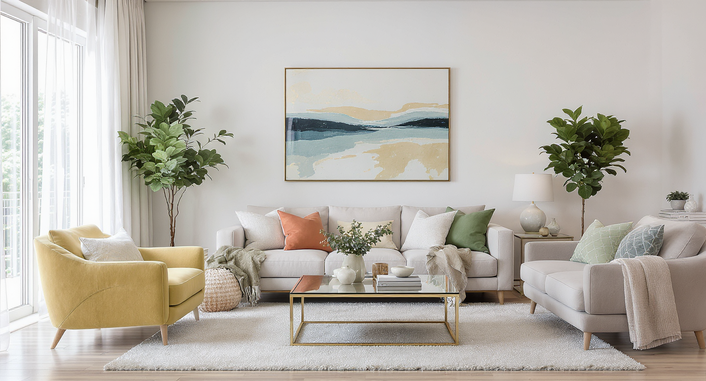 A modern, sunlit living room with neutral furnishings, polished wood floors, and a realtor showing a 3D virtual tour on a tablet.