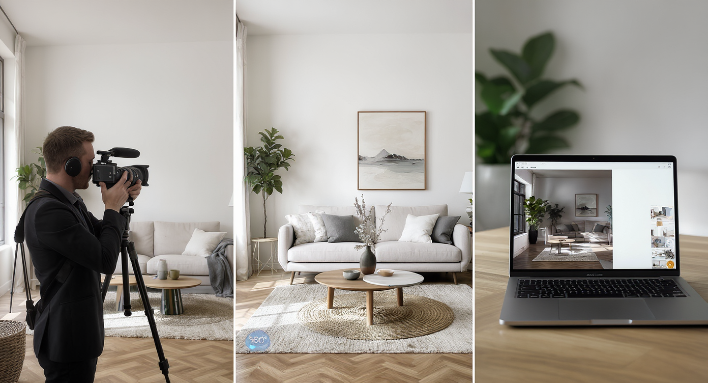 A bright, modern living room is shown three ways: a pro scanning with Ricoh Theta Z1, AI-staged with chic furnishings, and on a laptop as a 360 tour.