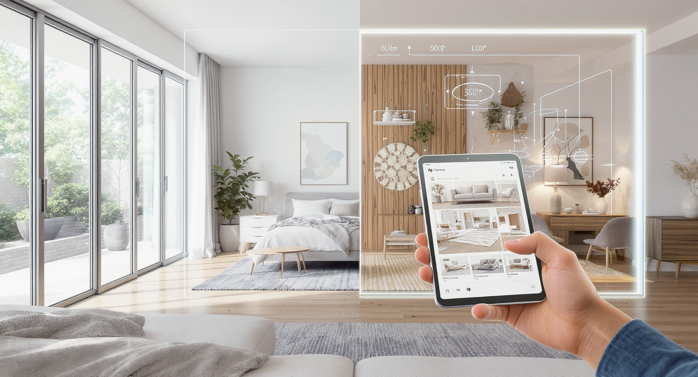 Bright, modern living room seamlessly blending virtually staged and original spaces, with a realtor guiding a client through an interactive 3D tour.