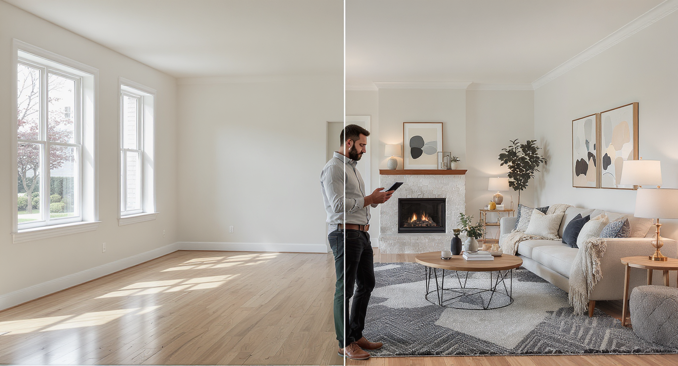 A bright, modern living room with one side empty and the other virtually staged, a realtor holding a tablet stands between the contrasting spaces.