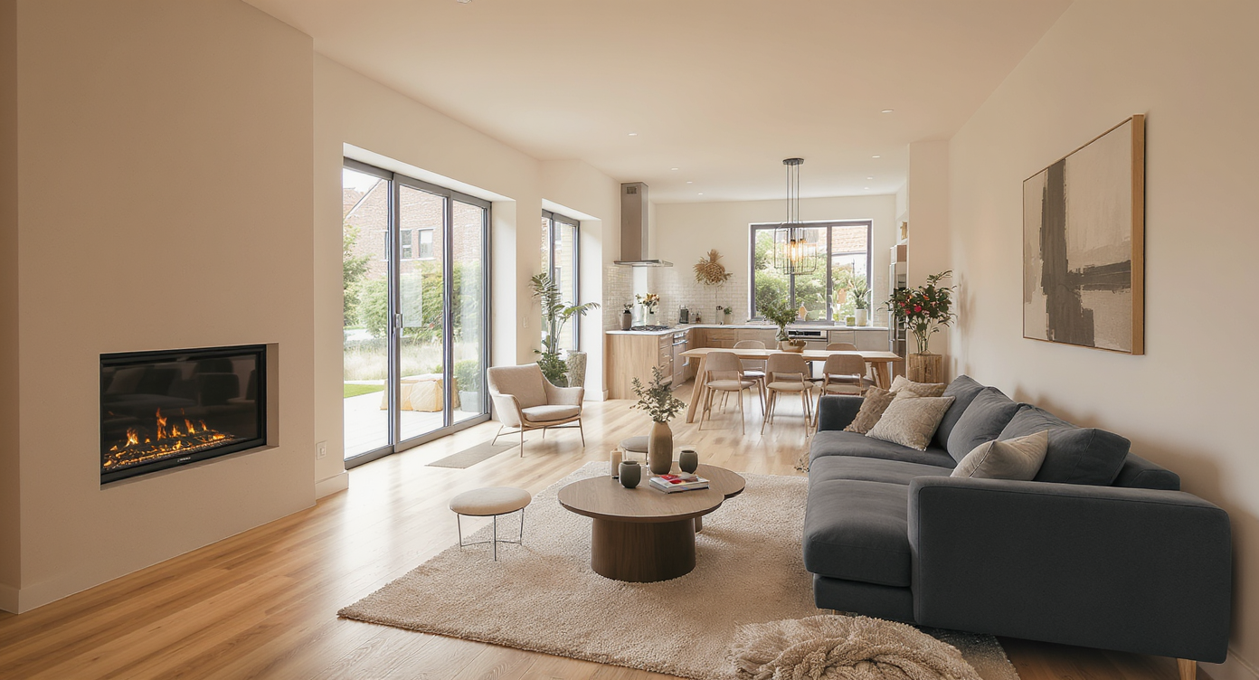 A modern, sunlit family home showcases a spacious living area, a detailed kitchen, and a tablet displaying virtually staged bedrooms, with an agent and clients discussing the space.