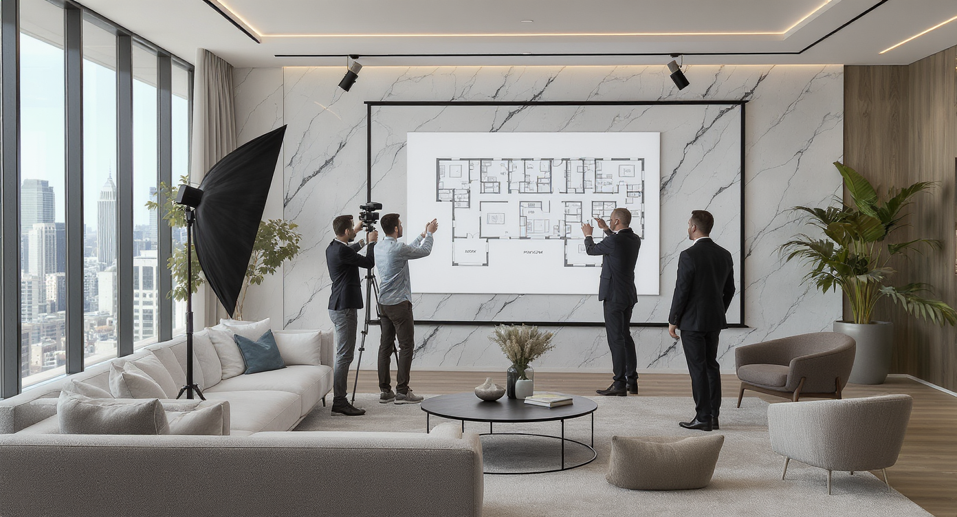 Modern real estate office with large windows, wood and marble accents, an agent operating a Matterport 3D camera, and clients viewing a digital property tour.